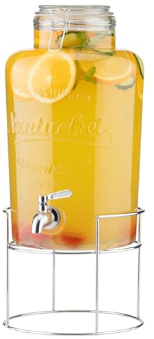 Navaris Dispensador de Bebidas con Grifo 8L - Garrafa con Grifo de Vidrio con Tapa y Cierre Giratorio de Acero Inoxidable - Dispensador de Agua Cristal para Zumo Sangria Vino