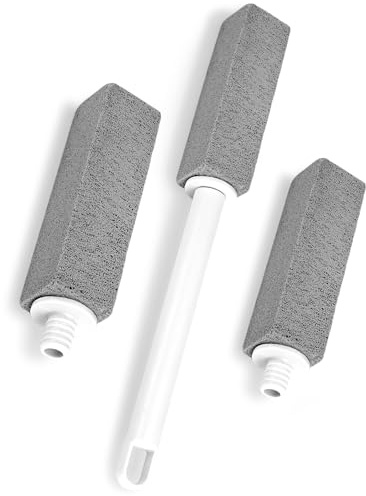 Pumice Stone Toilet Bowl Cleaner with Extra Long Handle, Replaceable Rim Limescale Cleaning Stones Stick Refills, Hard Water Stain Remover Brush for Sink, Pool, Bathtub, Tiles, Grills (Grey, 3 Pack)