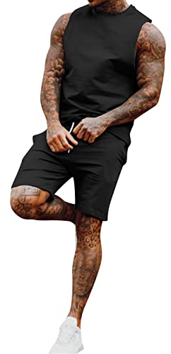 Modischer Freizeitanzug für Herren 2024, Sommer-Hose, Tank-Strand-Shorts, Hemden und Herren-Sets, 2 ärmellose Oberteile, Herrenanzüge und Sets, separate Hosen, Schwarz , XXXL