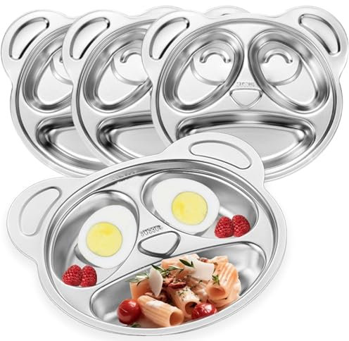 Nexboraque 4-pack 304 delade tallrikar i rostfritt stål, 3 fack uppdelad middagstallrik, pandaformade plattor portionskontrollplattor för kräsna ätare, lunch, camping