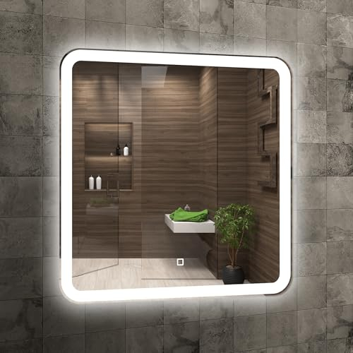 Home Glow 60cm Quadratischer Badezimmerspiegel mit Beleuchtung LED Badspiegel mit Beleuchtung Badezimmer Wandspiegel Spiegel mit Berührungsschalter Badezimmerspiegel mit LED Frontlicht