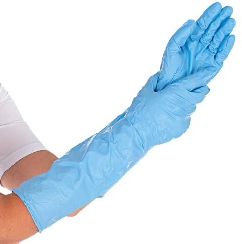 50 Stück Hygostar Nitrilhandschuhe Extra Safe Superlong, 40 cm | puderfrei, Packung, blau, 9/L, L: 40cm, Nitrilhandschuhe, Schutzhandschuhe, Einmalhandschuhe