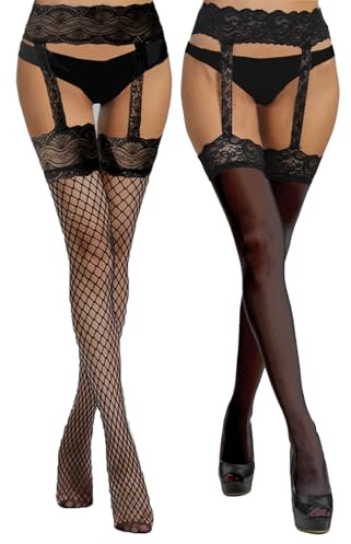 GWAWG 2 Pairs Women's Lace Suspender Belt Thigh Stockings with Garters, Black, One Size