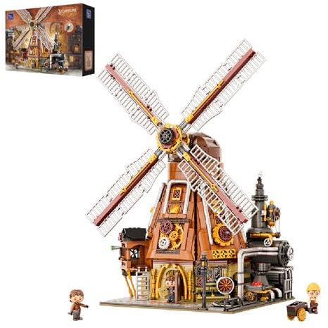 PANTASY Steampunk Windmill Workshop Building Set - Dutch Windmill Architecture with Mechanical Drive with Motorized Rotating Blades,Gear Details,and Openable Wall - Collectible Display Kit for Adults