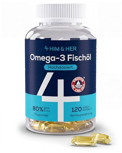Omega 3 EPA y DHA Cápsulas 1334mg, FOS Certificado – Alta Concentración 80% rTG – Sin Sabor a Pescado y Fácil de Tragar – 668mg EPA, 500mg DHA – Aceite de Pescado – 120 Perlas (2 Meses) – 4 HIM & HER