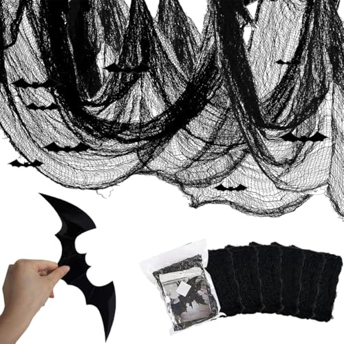 Paño Espeluznante De Halloween, Tela De Decoración De Halloween 183 * 76 Cm Con 12 Murciélago Falso, Gasa Espeluznante Negra, Para Casas Embrujadas Puerta Al Aire Libre Ventana o Pasillo (6 Negros)