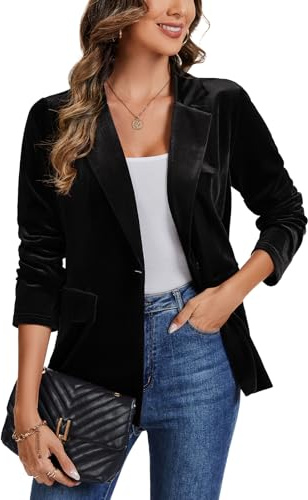 LADI TREND Women's Long Sleeve Casual Velvet Blazer V-Neck Lapel Button Jacket Coat Work Office Blazers with Pockets *Black,Size S*