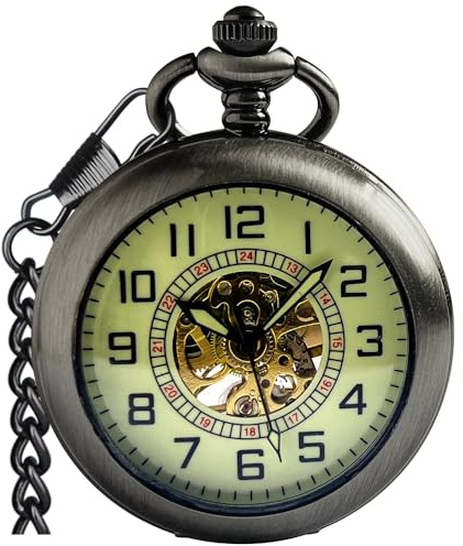 Fogitbok Mechanical Pocket Watch with Chain for Men Women Vintage Pocket Watch Roman No. Hand Wind Up Grey Pocket Watches Retirement Christmas Birthday Dad Mom Gift