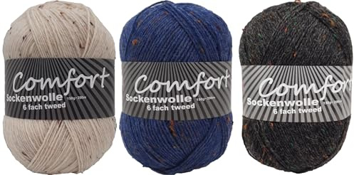 6-fädige Sockenwolle Strumpfwolle 3x150gr Knaul- 375m-Lauflänge - dicke Wolle für besonders warme Socken - l - Farbset (tweed beige, blau, dunkelgrau)