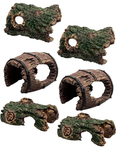 Fonyiunce 6 Piezas Decoración para Acuario con Cueva y Barril, Tronco Hueco Decorativo de Poliresina, Cueva de Resina, Decoración de Paisaje para Escondite de Reptiles y Hábitat de Peces Betta
