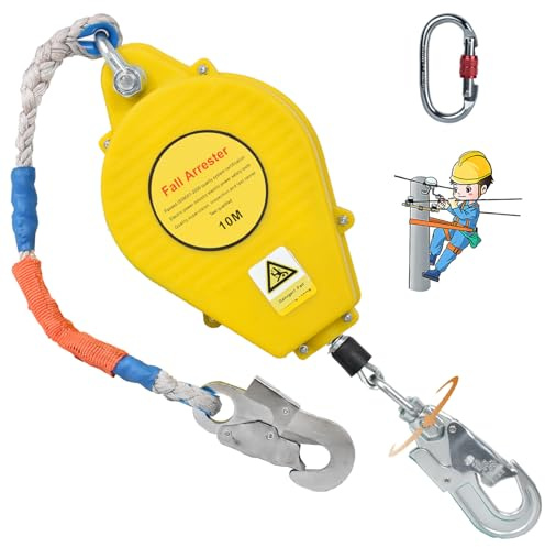 BOVDC Dispositivo Anticaduta Retrattile Certificato 10m/15m/20m, Imbracatura di Sicurezza Anticaduta Tetto con Gancio Rotante, 150kg Dispositivo Sicurezza Anticaduta Tetto/ Lavoro Aereo(Giallo,20m)