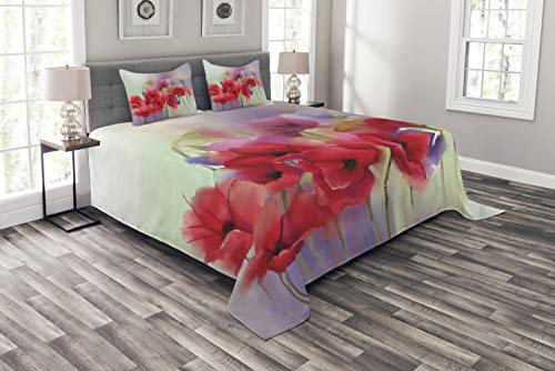 ABAKUHAUS Mohn Tagesdecke Set, Frühlings-Blumen Romantische, Set mit Kissenbezügen Waschbar, für Doppelbetten 220 x 220 cm, Lavendel Rot