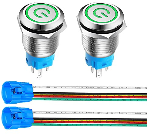 Gebildet 2piezas 16mm Enclavamiento Pulsador de Botón Metálico Interruptores Acero Inoxidable Impermeable Plana Top ON/OFF 12V-24V 5A Pulsador con enchufe de cable(LED Verde)