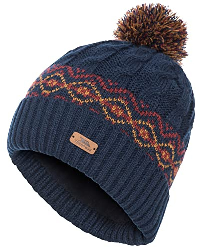 Trespass Mens Beanie Andrews-Knitted Hat with Pom Pom-Fully Fleece Lined, Leatherette Badge, 100% Polyester Lining, 100% Acrylic Outer Navy