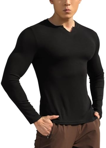 GYMAPE Hommes Manches Longues/Courtes Coupe ajustée Décontracté Coton Col en V Basique T-Shirt 2308 Noir L