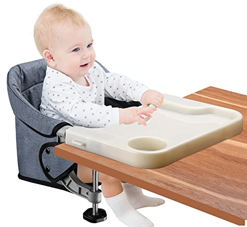 Toogel Silla de Mesa para Bebé con Bandeja Extraíble, Trona Portátil con Correas de Seguridad, Asiento de Mesa Infantil con Bolsa de Transporte para Casa y de Viaje (Gris)