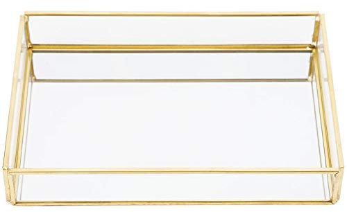 Bandeja Dorada con Espejo, Organizador Rectangular para Cosméticos y Joyería con Base de Gamuza, 3 Tamaños, Metal Chapado en Oro para Tocador, Baño y Dormitorio