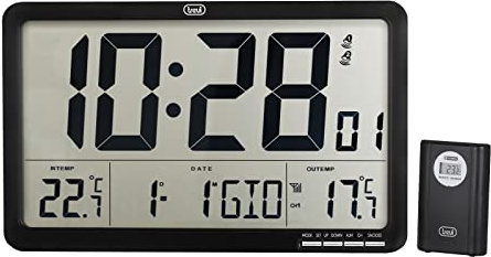 Trevi OM 3560 RC Reloj Digital de Pared Radiocontrolado con Sensor Exterior, Despertador Programable, Calendario, Termómetro