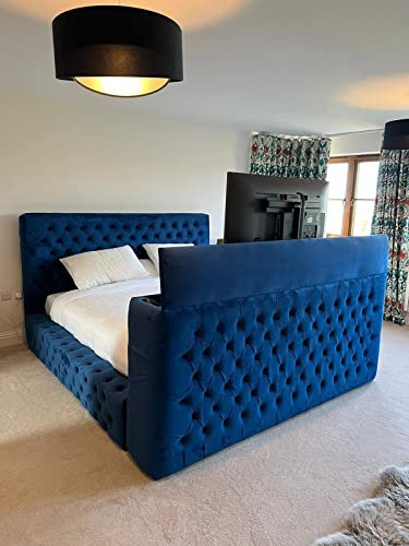 Stratus Interiors TV Bed Frame and Headboard | Double, King size, Super king | UK Handmade - Mattress Option Available | Blue Plush Velvet