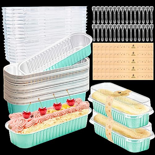 Furuising 120Pcs/30Set Mini Loaf Pans with Lids and Spoon, 200ml Aluminum Loaf Cake Cases, Reusable Foil Mini Loaf Tin, Baking Pans with 30 Stickers for Cake Bread Baking (Blue)