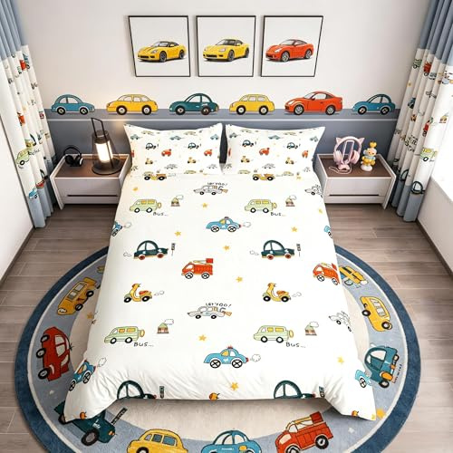 Homemissing Set di biancheria da letto con auto dei cartoni animati, set di biancheria da letto con auto dei cartoni animati, autobus, veicoli di trasporto, copripiumino per bambini, ragazzi, veicoli
