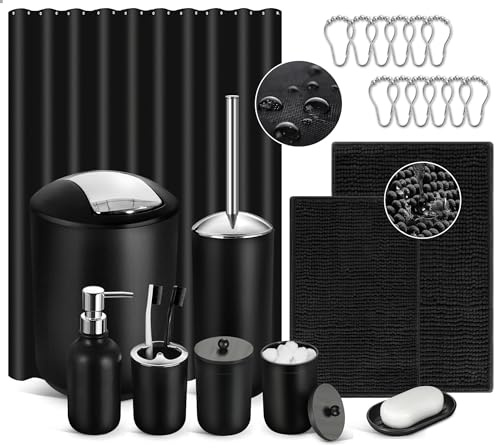 ALPIRIRAL Black Bathroom Accessories Set, 22Pcs Bathroom Sets with Shower Curtain and Rugs, Bathroom Accessories Sets Complete with Trash Can, Non-Slip Bathroom Rugs Super Absorbent