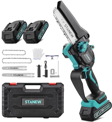 Mini Tronçonneuse à Batterie Brushless STANEW 6 pouces et 8 pouces, 2 Batteries 2000 mAh,2 guides et 2 chaînes,600W Tronçonneuse Électrique sans Fil, moteur sans balais Pour la Jardinage