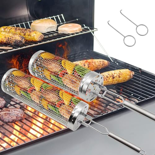 Sunsiou Rolling Grillkorb 2 Stück, Grillkorb Edelstahl mit Griff Gabel, BBQ Zylindrischer Grillkorb, Grillzubehör für Camping, Außengrill Gemüse Pommes Fleisch, Grillgitter Picknick Kochgeschirr