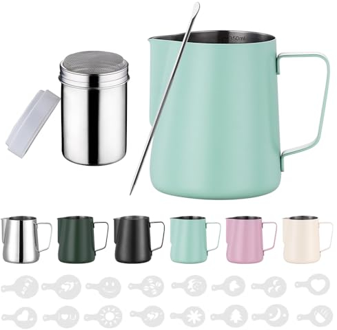 Zuquik 350 ml Stainless Steel Milk Jug, Barista Milk Jug with Measurement Mark 12 oz, Milk Foam Jug with Cocoa Shaker, 16 Latte Art Stencils & Pen for Cappuccino and Espresso, Light Green