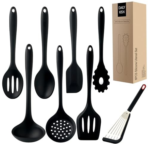 Set di utensili da cucina in silicone, 8 pezzi, resistenti al calore, antiaderenti, spatola, cucchiaio, mestolo, mestolo, pasta, schiumarola, pesce (nero)