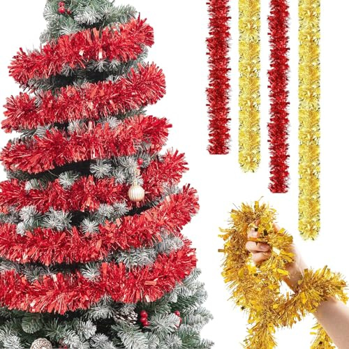 CaiTang 4 Pièces Guirlande de Noël Tinsel - 2M Torsadée Suspendue pour Sapin, Décoration, Fête, Murs, Fenêtres - Rouge et Doré