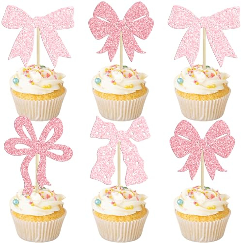 Ephlyn 24Pcs Pink Bow Cupcake Toppers Bow Birthday Cake Topper Girls Birthday Party Decorations Bowknot Cupcake Decorations for Bridal Wedding Themed Party Multi