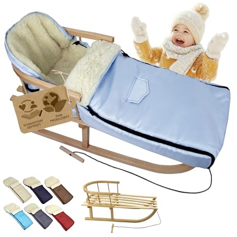Kombi-erbjudande träsläde med ryggstöd och dragrep universell vinteråkpåse (108 cm), även lämplig för babystol, barnvagn, buggy, av ull, uni (ljuskonstruktion)