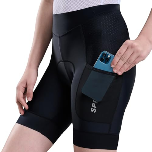 SPEEDCYC Short de cyclisme rembourré 4D pour femme - Pour vélo de route, VTT - UPF 50+, noir, Taille S