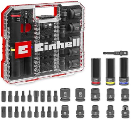Original Einhell Impact - Juego de 32 llaves de vaso (18 brocas de 30 mm, 9 enchufes de 40 mm, 3 enchufes de 80 mm, acero S2 y CrMo, funda de plástico, automotriz)