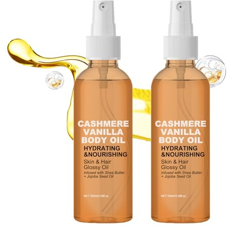 Lot de 2 huiles pour le corps vanille et cachemire, nutriment pour peau sèche et cheveux avec beurre de karité, formule de jojoba radiance, huile de massage hydratante en spray pour la peau