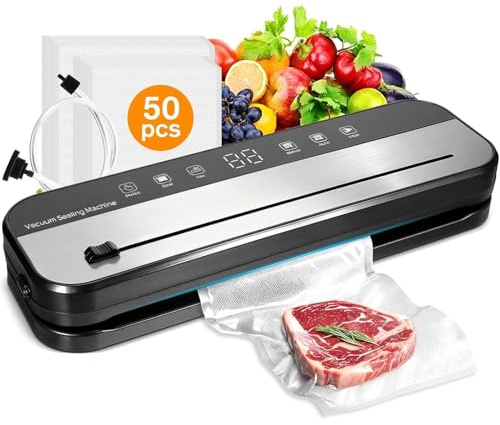 75KPa Vacuum Sealer Machine, 6-in-1 Automatic Food Sealer with Built-in Cutter & 50 Bags, LED Countdown, 5mm Wide Seal for Dry/Moist Food, Meal Prep and Sous Vide