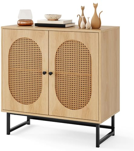 KOMFOTTEU Sideboard mit 2 Türen aus Rattan, Buffet Anrichte mit verstellbaren Regalen & Kippsicherung, Kommode Beistellschrank aus Holz, Küchenschrank für Küche, Wohnzimmer, Esszimmer, 80 x 40 x 81,5