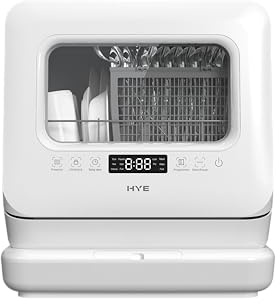 HYE Table Top Dishwasher – Portable Countertop Dishwasher No Plumbing Required, 6 Programs, 3 Place Settings, Compact Small Dish washer for Kitchen, Office & Apartments in White - DW013TTW25