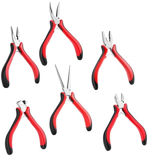 Ainiv 6 Pzs Alicates, Punta de Larga, Curva, Fina, Diagonal, Corte, Liniero, Material Acero Mango Antideslizante de PVC Carbono para Reparación Productos Electrónicos, Corte Cables, Fabricación Joyas