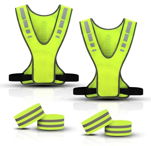 SJACXANM Gilet Velo Reflechissant, 2PCS Gilet Reflechissant Velo, 4PCS Brassard Securite, Gilet Fluorescent De Sécurité pour La Course, Le Cyclisme Et Le Jogging