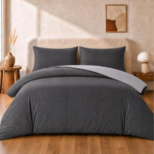 VelvetMis King Size Duvet Cover Set - 3Pcs Reversible Bedding Bed Set Dark Grey And Light Grey Kingsize Microfiber Quilt Cover With 2 Pillowcases 50x75cm