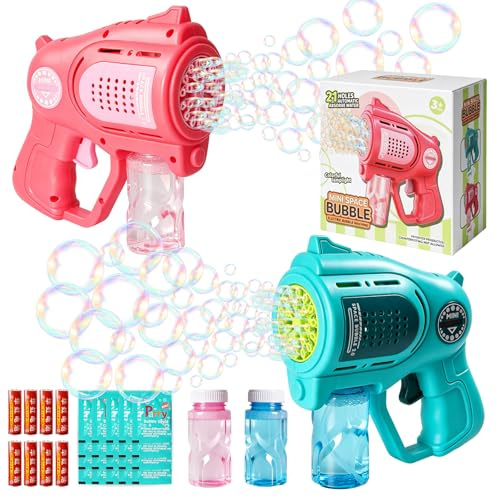2 Pièces Pistolets à Bulles pour Enfant, 21 Orifices Machine a Bulles avec éclairage LED, Machine à Bulles Automatique avec 2 Bouteilles de Solution, Jouet Extérieur pour Mariage, Anniversaire, Fête
