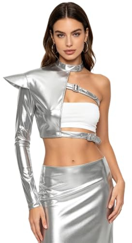 renvena Mujer Camisas Fiestas En Clubes Nocturnos Metálico Brillante Trajes De Rave Chaqueta Motociclista Punk