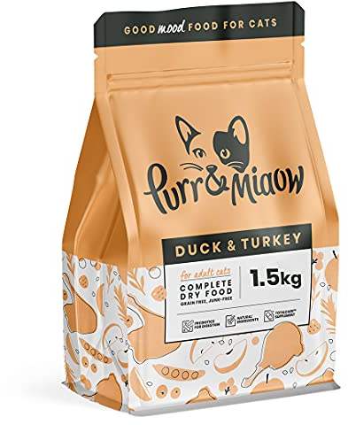 Purr & Miaow - Getreidefreies Alleintrockenfutter für ausgewachsene Katzen, Ente & Truthahn, 1,5 kg