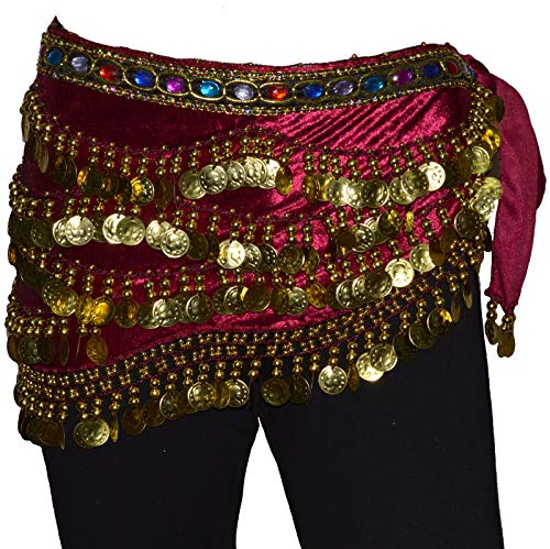 Tanzbekleidung & Accessories Bauchtanz Münzgürtel Samt Hüfttuch Belly Dance Bauchtanzgürtel Karneval Münzen (Weinrot)