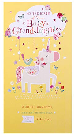 Biglietto di congratulazioni per la nascita di una nipote di Hallmark – Design simpatico unicorno con dettagli in lamina rosa e accessori con gemme