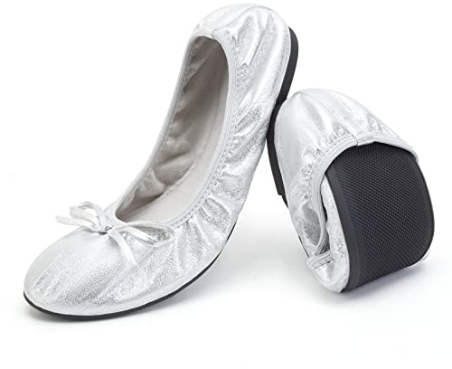 Greatonu Bailarinas Plateado Plana con la Suela Plegada Diseña Clásica Moda para Fiesta Punta Cerrada para Mujer Talla 39 EU
