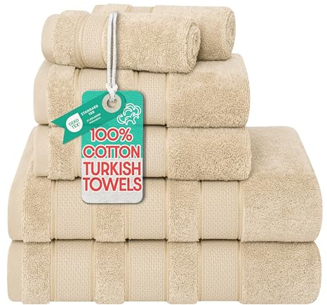 American Soft Linen Salem Türkisches Badetuch-Set, 100% Baumwolle, 600 g/m², 6 Stück Handtücher für Badezimmer, 2 Badetücher, 2 Handtücher, 2 Waschlappen, Beige