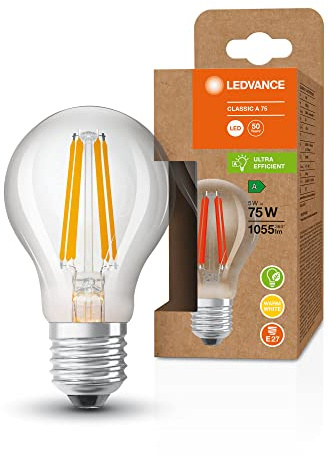 LEDVANCE Bombilla LED de bajo consumo, bombilla de filamento, E27, blanco cálido (3000K), 5 vatios, sustituye a la bombilla de 75W, altamente eficiente y de bajo consumo, paquete de 6